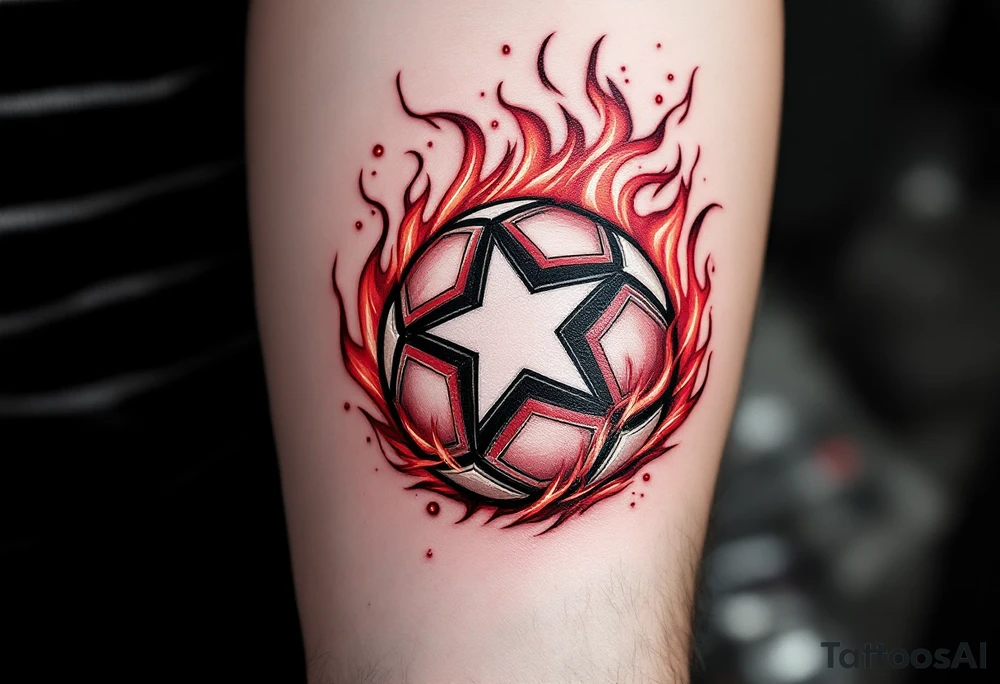 A flaming red soccer ball with a white star in the center and “Slavia” written along the arc. tattoo idea