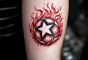 A flaming red soccer ball with a white star in the center and “Slavia” written along the arc. tattoo idea