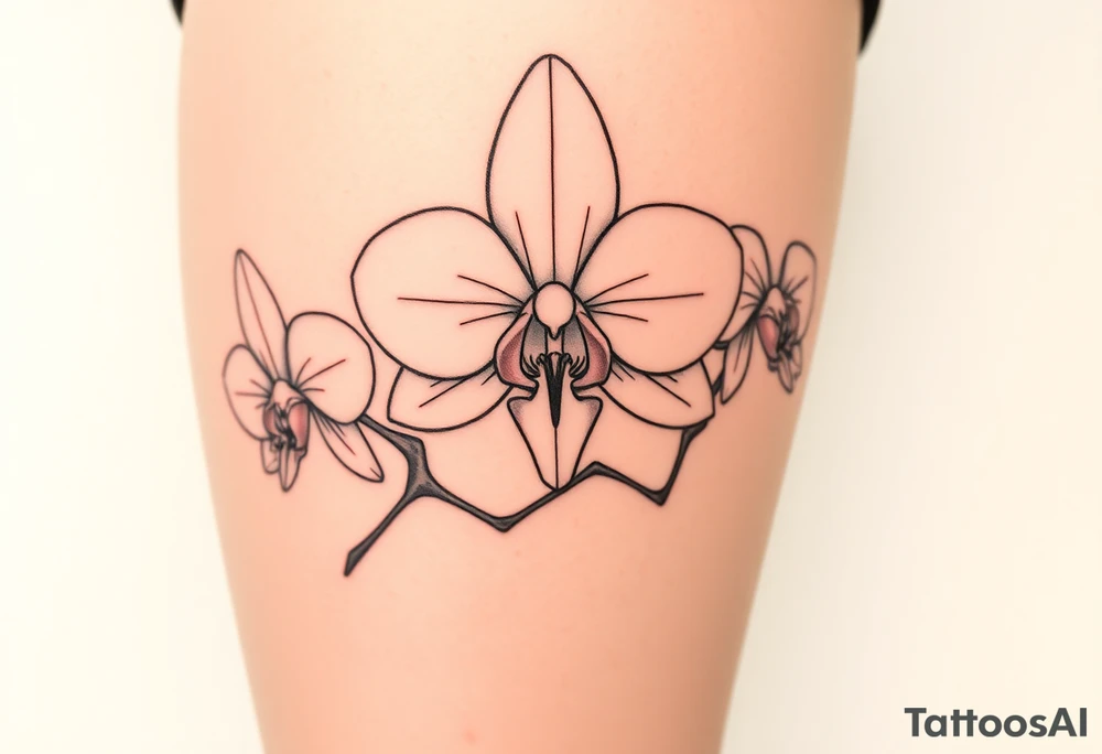 Draw of three fine line orchids different size realistic, the central part resembles a vagina. Are connected with branches tattoo idea