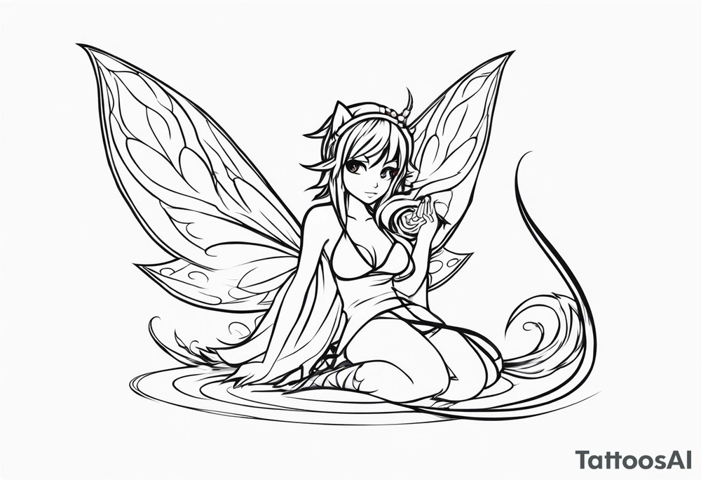 No color fairy with a tail inspired by the guild symbol in the anime show called Fairy Tail in a fetal position leaning in and forward while crawled in tattoo idea