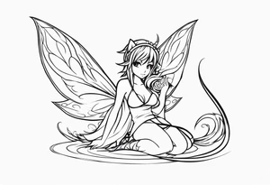 No color fairy with a tail inspired by the guild symbol in the anime show called Fairy Tail in a fetal position leaning in and forward while crawled in tattoo idea