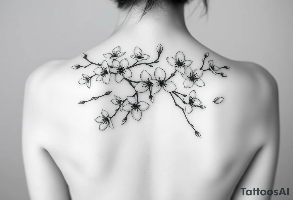 delicate cherry blossoms swirling in spring breeze with petals tattoo idea
