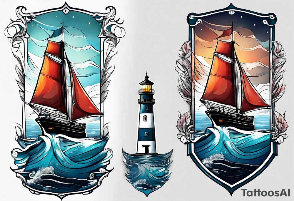 maritime lighthouse partially hidden by its large fixed sail. calm sea reflection. tattoo idea