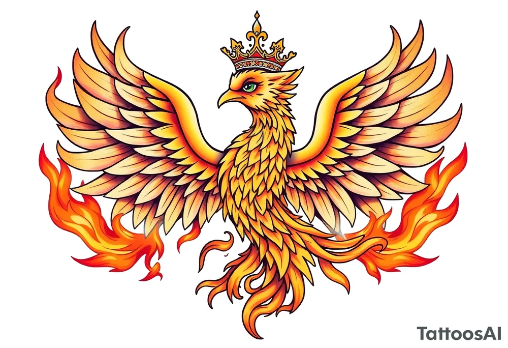 powerful majestic Phoenix with crown, surrounded by flames tattoo idea