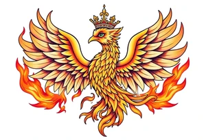 powerful majestic Phoenix with crown, surrounded by flames tattoo idea