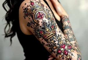 Baroque-style crowns designs with gold and ruby detailing. tattoo idea
