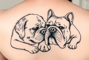 a golden retriever and an english bulldog, lying besides each other, head to head, foreheads touching tattoo idea