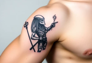 Predator with staff pointing towards sky with lighting bolt tattoo idea