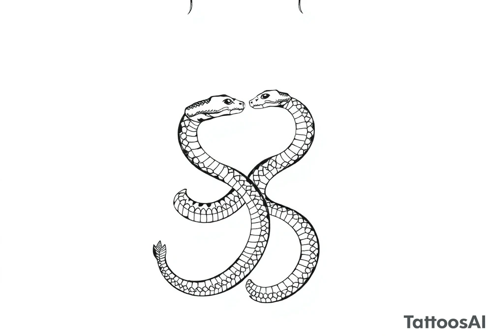 Id like a back tattoo with two snakes.  The illustration should be minimal with "skin-break."  I'd like the tails to be intertwined to accentuate my upper buttocks/upper butt crack, and Id like the snakes to moving upwards to the upper back, with the heads stopping just under my shoulder blades.  Almost like a "V shape" but very organic, like a symmetrical winding road.  Id like the tattoo to be sexy and accentuate my back to make my waist look small.  Black and white. Minimal.  Fine line. Please use a male body type. tattoo idea