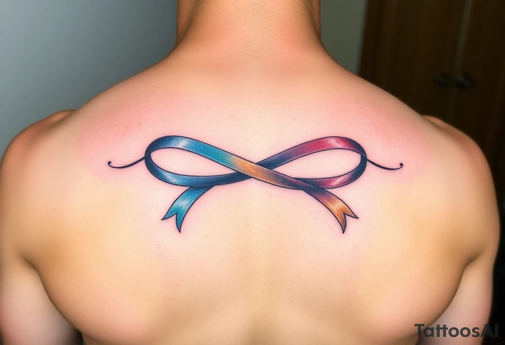 an infinity symbol with 5 colors of ribbons 3 march, 1 october, and 1 july tattoo idea