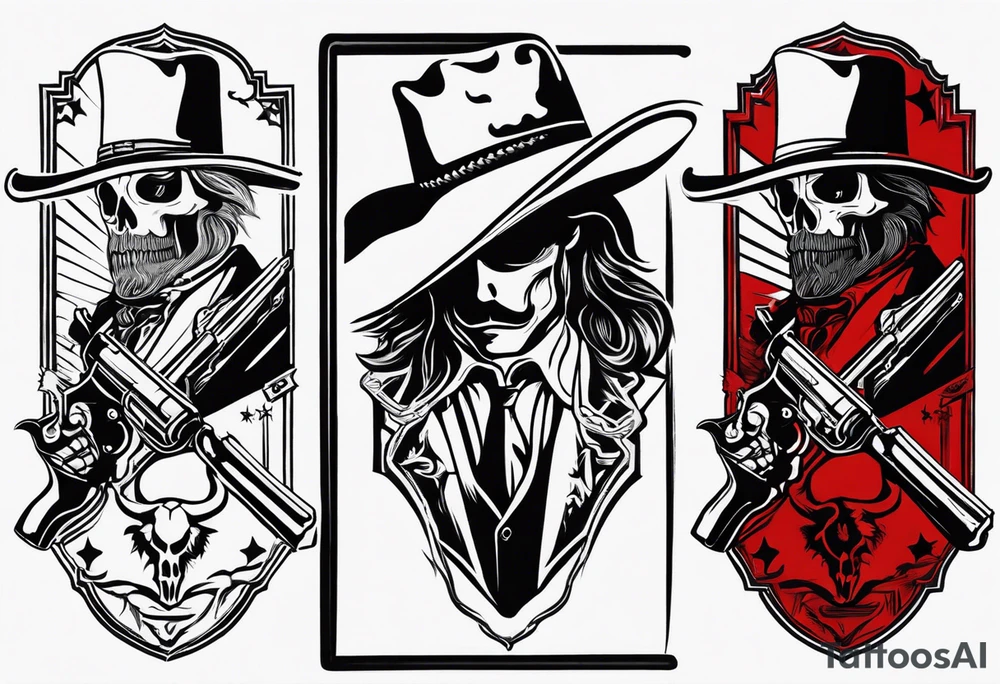 arm tattoo with a western background that has a horseman, skelleton in the middle with a revolver and red dead redemtion hat tattoo idea