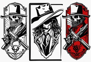 arm tattoo with a western background that has a horseman, skelleton in the middle with a revolver and red dead redemtion hat tattoo idea