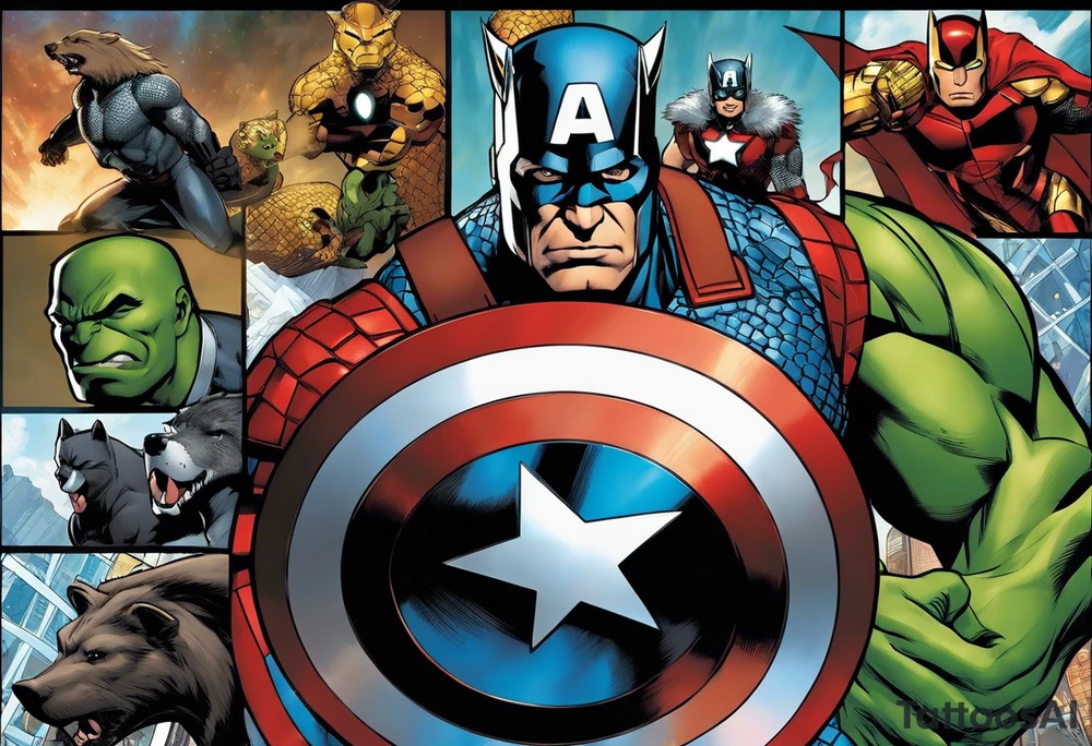 I want to change Avengers Team characters with animals. Hulk will be represented by a Badger.
Thor will be depicted as an Alpha Grey Wolf.
Captain America will be symbolized by a Bull.
Iron Man's character will be embodied by a Canary.
Black Widow's role will be portrayed by an Axolotl.
Hawkeye will be depicted as a Sudan Plated Lizard.
Nick Fury will be represented by a Cat. tattoo idea