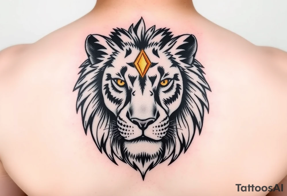 A lion with three golden eyes one Inmiddle of forehead tattoo idea
