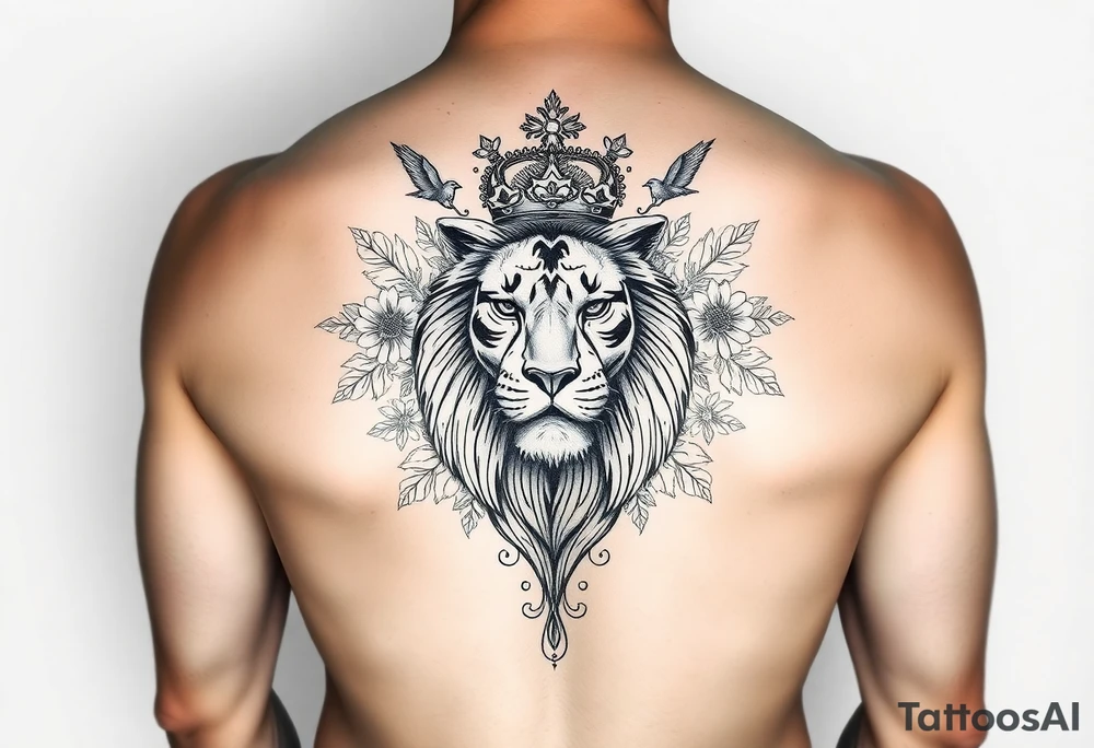 powerful majestic lion with a crown, surrounded by floral ornaments and birds tattoo idea