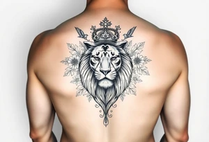 powerful majestic lion with a crown, surrounded by floral ornaments and birds tattoo idea