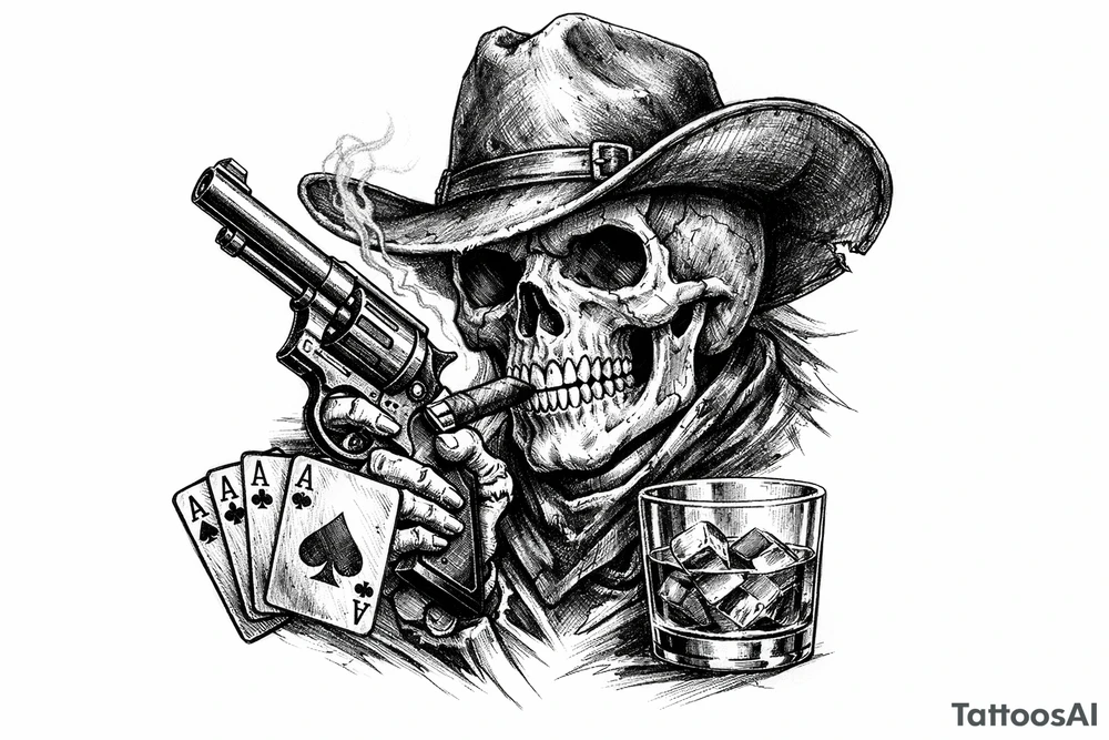 skull with cowboy-hat, cigar in his mouth, a gun in a hand, playing cards, whiskey-glass. tattoo idea