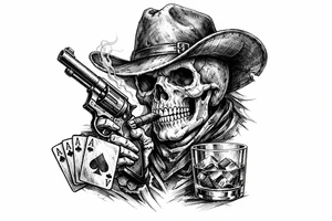skull with cowboy-hat, cigar in his mouth, a gun in a hand, playing cards, whiskey-glass. tattoo idea