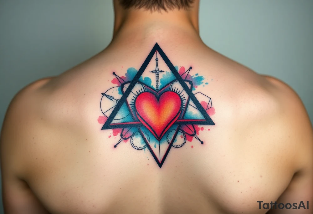 A triangle with a big heart in the center with a scientific background tattoo idea