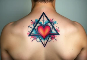 A triangle with a big heart in the center with a scientific background tattoo idea