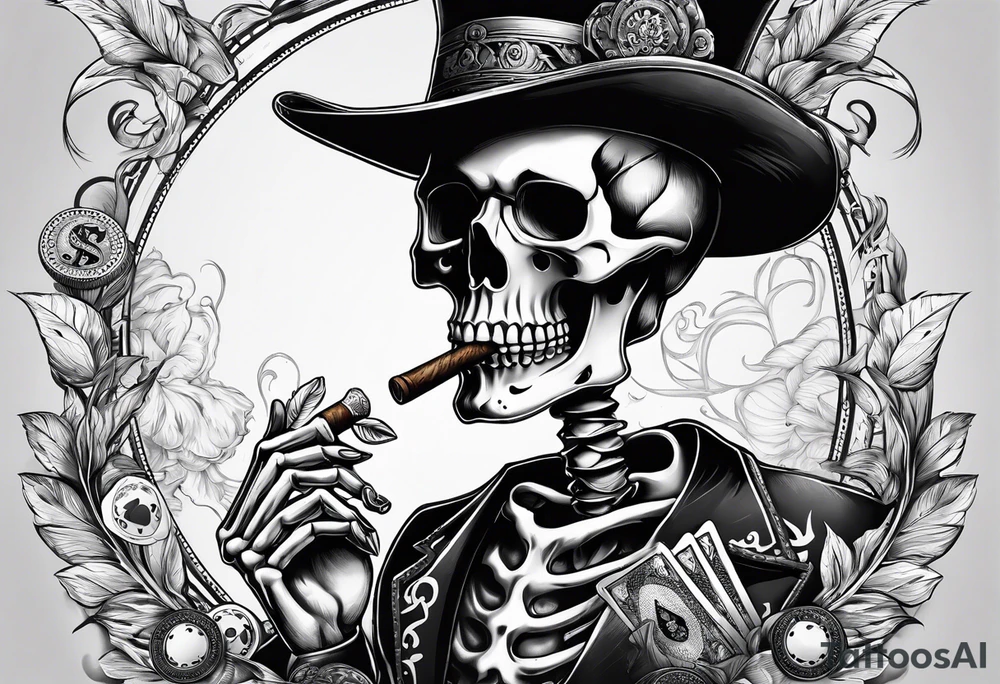 skeleton smoking cigar with poker chips tattoo idea
