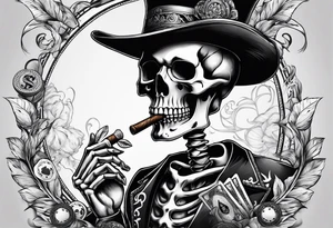 skeleton smoking cigar with poker chips tattoo idea