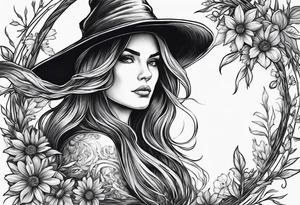 Witch broom with flowers in the straw tattoo idea