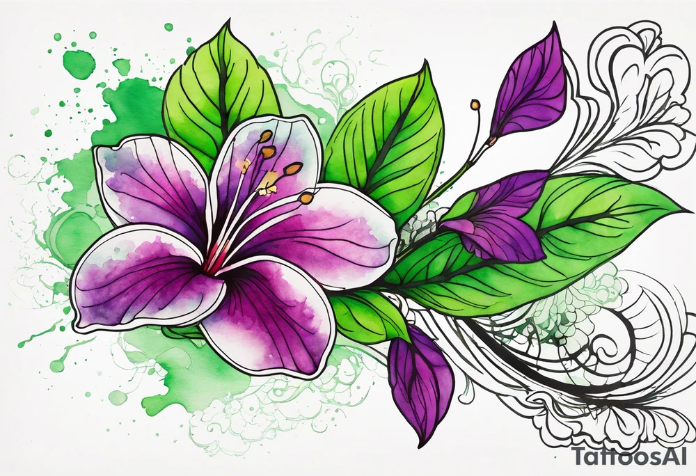 An outline of a green rio dipladenia flower and a green and purple watercolor splash in the background tattoo idea