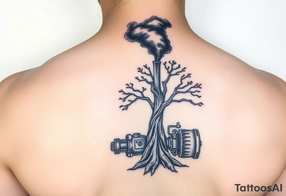 tree growing out of an engine with a smoke stack coming out of the top of the tree billowing black smoke with a steam punk vibe tattoo idea