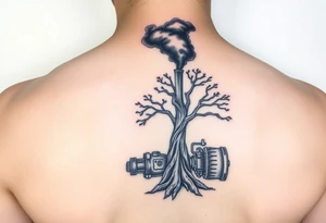 tree growing out of an engine with a smoke stack coming out of the top of the tree billowing black smoke with a steam punk vibe tattoo idea