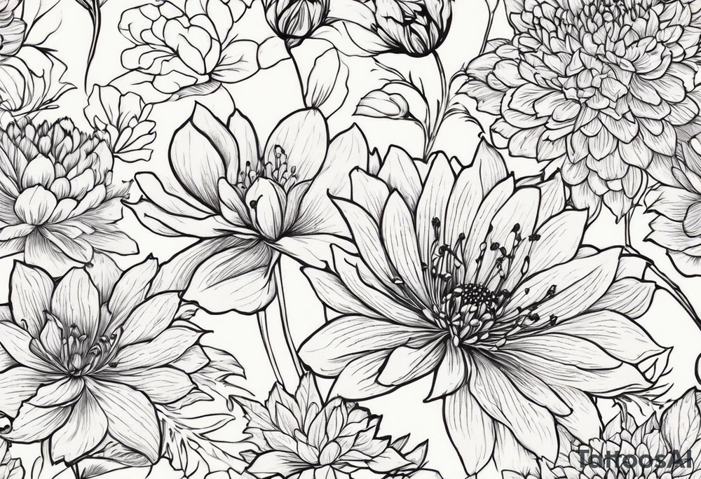 I want a full sleeve that tells the story of the people most important to me. I want my daughter’s birth flowers. One daughter’s birth flowers are larkspur and water lily. My second daughters birth flowers are chrysanthemum and peony. I also want a Palm tree and juniper tree represented because their names are Palmer and Juniper. I want my husband and I represent in some way as well. My husbands birth flowers are Iris and violet. My birth flowers are hawthorn and lily of the valley. tattoo idea