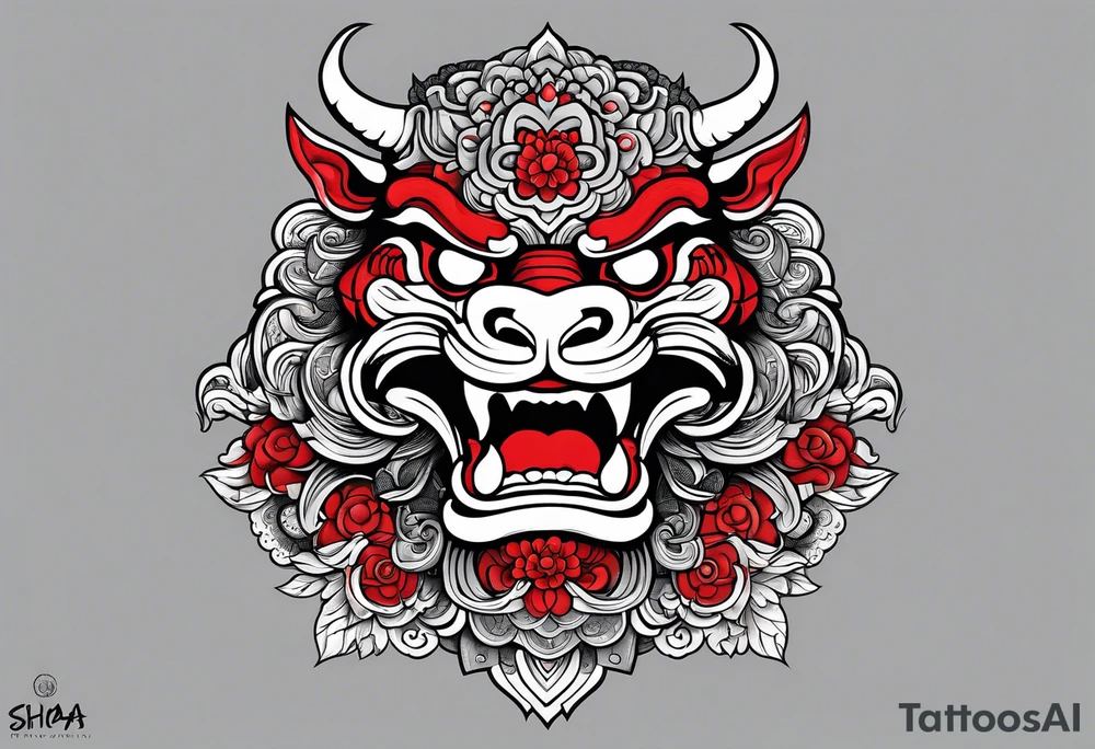 Black and white, grey with red and scarlet accent. Japanese Shisa Okinawa, Thai yak/giant and Thai naga. Image of protection. tattoo idea