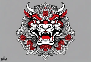 Black and white, grey with red and scarlet accent. Japanese Shisa Okinawa, Thai yak/giant and Thai naga. Image of protection. tattoo idea