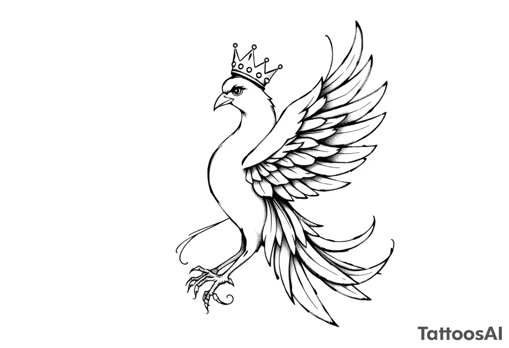 Pheonix wearing a crown with flowy long tail tattoo idea