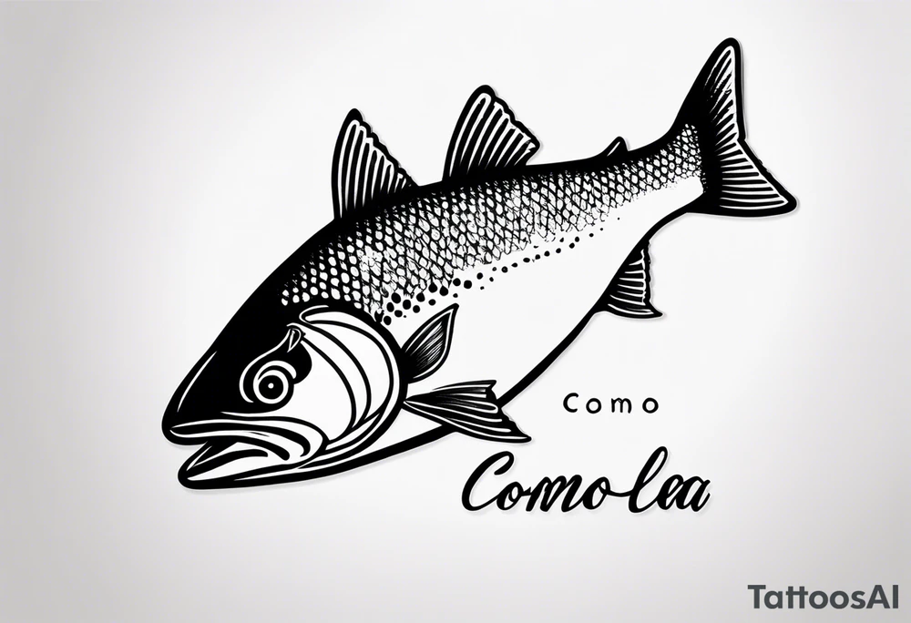 A small tattoo with a shaded trout and text that says, 'Como la trucha...' drawn with fine lines." tattoo idea