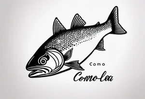 A small tattoo with a shaded trout and text that says, 'Como la trucha...' drawn with fine lines." tattoo idea