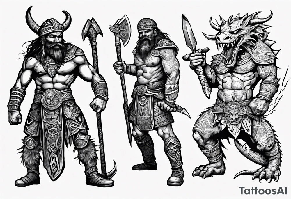 aztec dwarven warrior with a war axe fighting against a dragon in in the mountains as the sun is rising tattoo idea