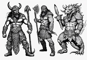 aztec dwarven warrior with a war axe fighting against a dragon in in the mountains as the sun is rising tattoo idea