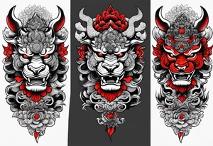 Sleeve tattoo 
Black and white, grey with red and scarlet accent. Japanese Shisa Okinawa beside Thai yak/giant with thai naga. tattoo idea