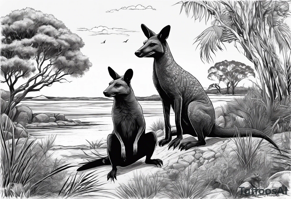 Outback with Uluṟu, a kangaroo, a dingo and an emu. Land meeting ocean with a platypus and a crocodile tattoo idea