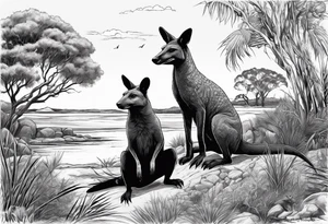 Outback with Uluṟu, a kangaroo, a dingo and an emu. Land meeting ocean with a platypus and a crocodile tattoo idea