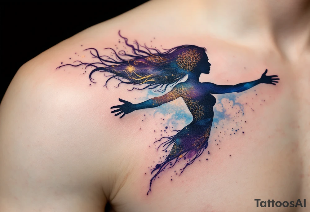 A silhouette of Tris with her arms outstretched, symbolizing her freedom and resistance. Her hair flows into a burst of intricate patterns, representing the different factions. Soft shades of blue and purple with a splash of gold for a dreamy, ethereal effect. Light blue, dark purple, gold accents. tattoo idea