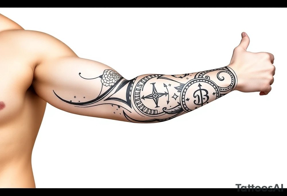 Tribal Sicilian sleeve with patterns
And symbols with a Leo symbol on forearm tattoo idea