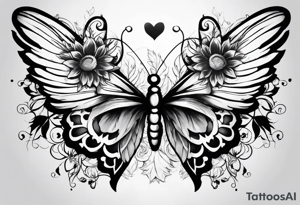 Sleeve with angel wings, sunflower and butterfly tattoo idea