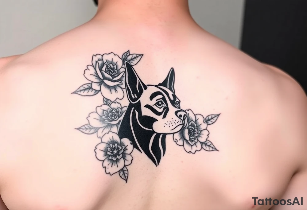 Floral design with peonies with an silhouette outline of a dogs face tattoo idea