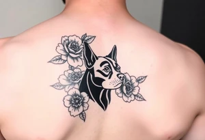 Floral design with peonies with an silhouette outline of a dogs face tattoo idea