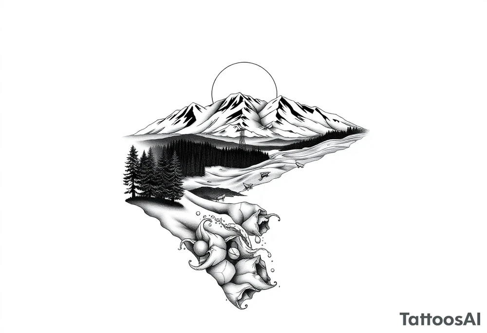 Tattoo stencil design, full sleeve. A journey through California: the top starts with a vibrant sunset over snowy peaks, transitioning down into a lush forest, then a stark desert, and ending at the wrist with ocean surf. The entire scene is viewed through a geometric lens, using "sacred geometry" patterns to divide the sections. Clean black and grey realism with sharp line work. No shading on the background, white background only. tattoo idea