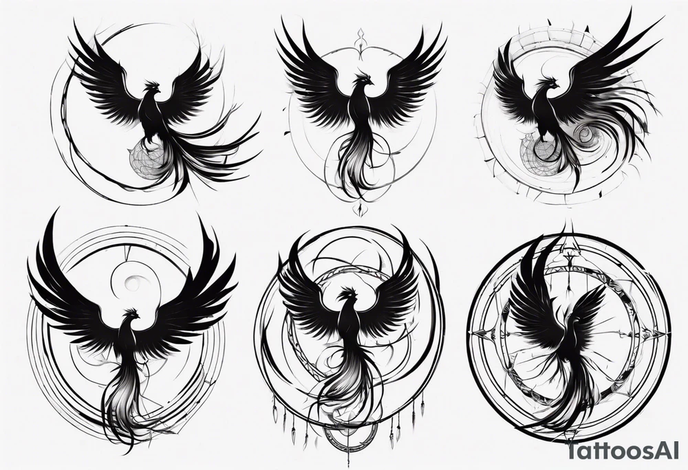 Vertical angry flying Phoenix with wings blending into circles and a long abstract dream catcher feather tail tattoo idea