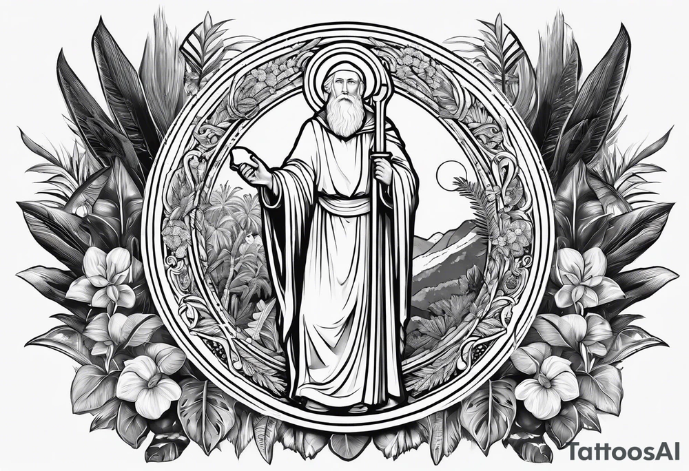 the medal of saint benedict with jungle plants surrounding it tattoo idea