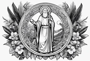 the medal of saint benedict with jungle plants surrounding it tattoo idea